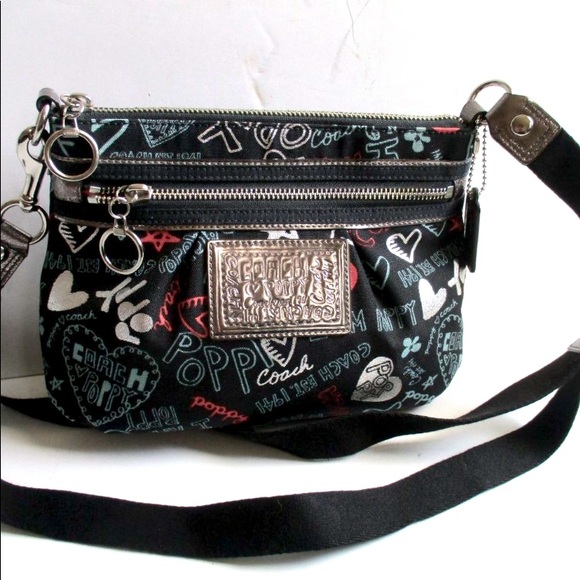 MOD Coach Poppy Black Silver Metallic GRAFFITI GLAM HEARTS LUXEY Crossbody Bag - Picture 1 of 17